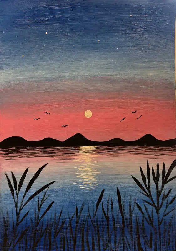 Akrylmålning Landskapsmålning av en solnedgång över vatten av Dusica Janicijevic