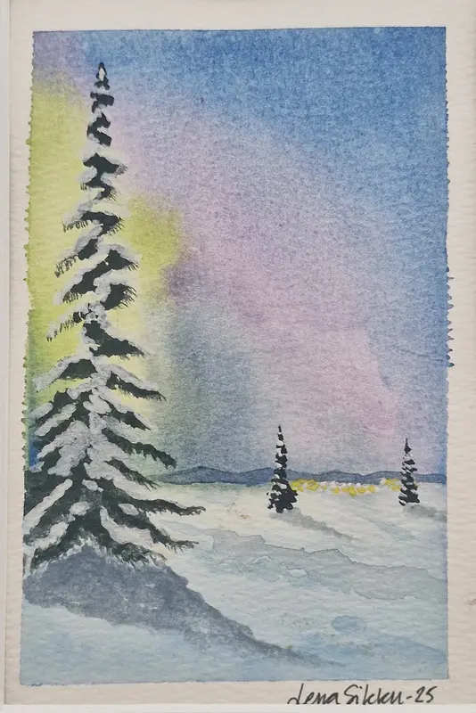 Akvarell Čohkkiras av Lena Sikku