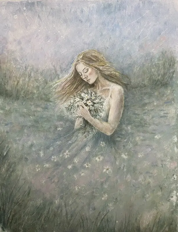 Oljemålning Sommarsamlare Kvinna i sommarlandskap av Natalia Pettersson