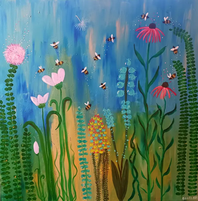 Akrylmålning Humlornas fest av Bente Mellquist Danielson