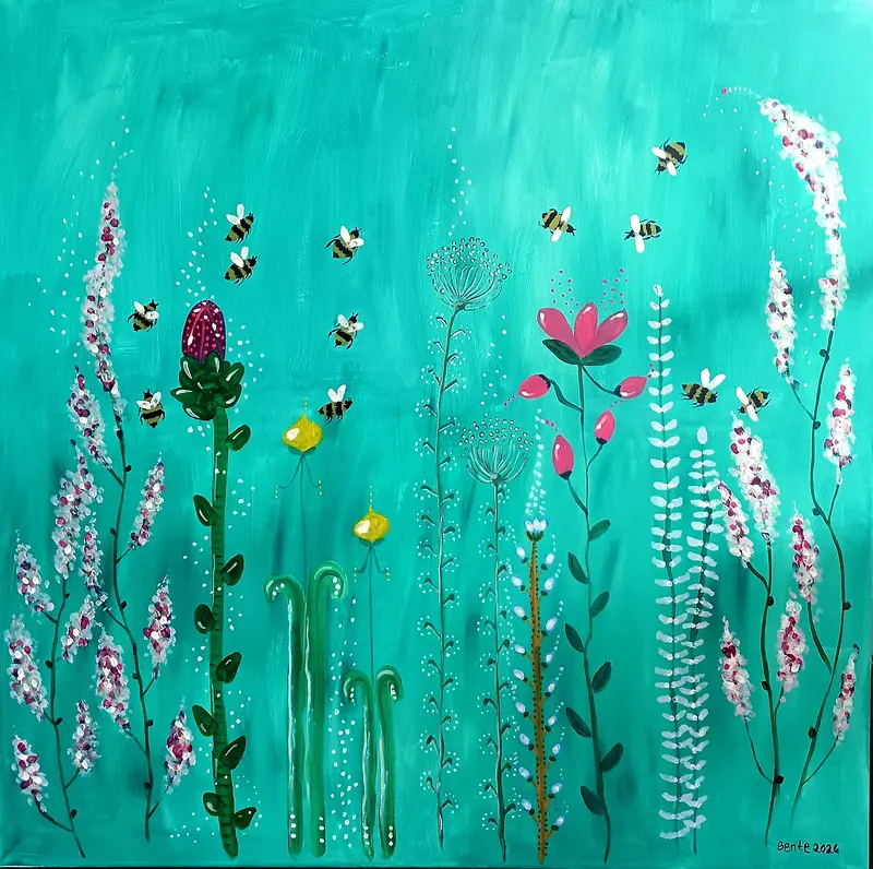 Akrylmålning Humlorna svärmar av Bente Mellquist Danielson