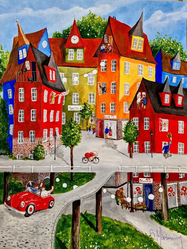 Akrylmålning Ines o Hjördis i lilla byn av Stefan Mårtensson