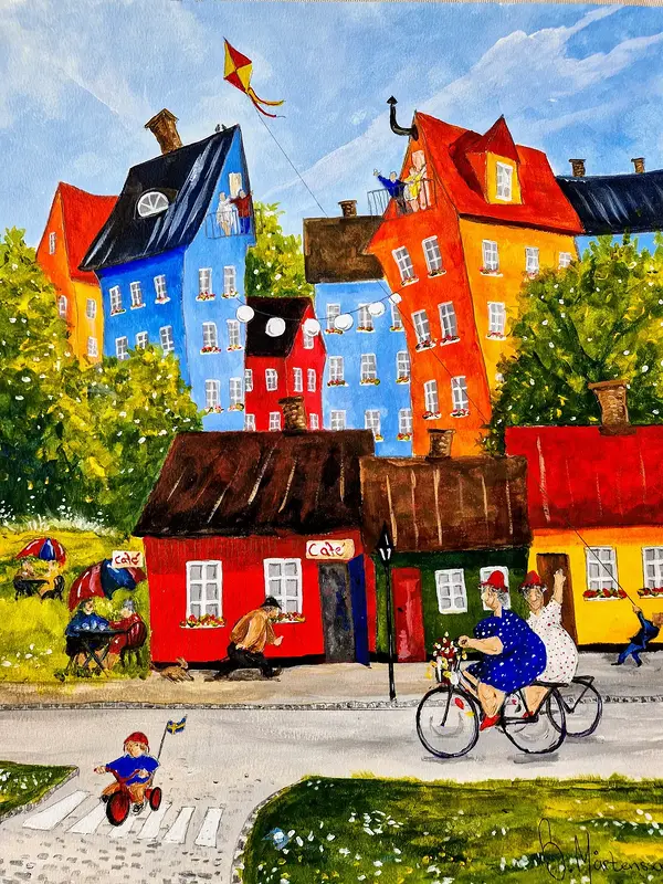 Akrylmålning Ines o Hjördis i lilla byn av Stefan Mårtensson