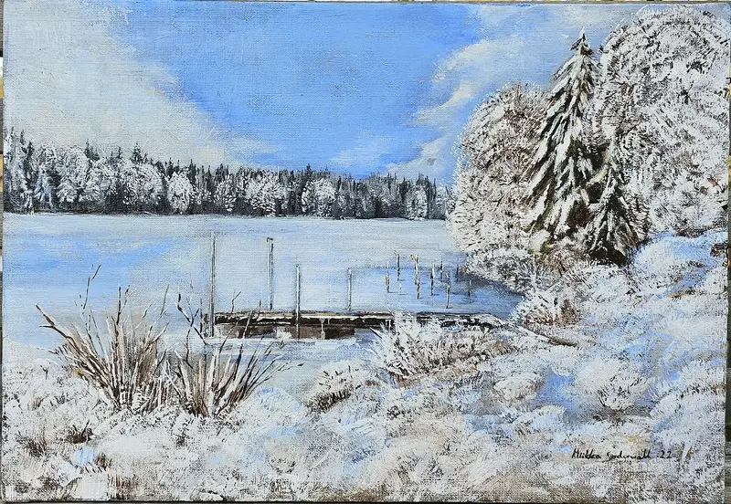 Akrylmålning Vinter vid sjön av Miikka Söderwall
