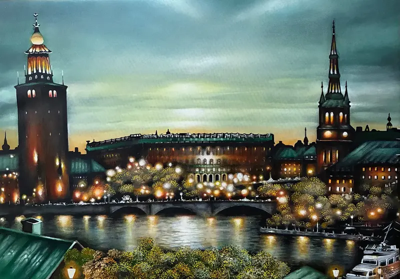 Akrylmålning Dreamy Stockholm av Sofia Åhlin