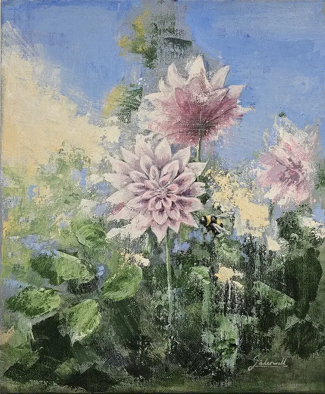 Akrylmålning Humlan och dahlian av Miikka Söderwall