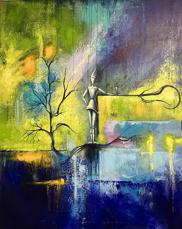 Akrylmålning Väntan i baren av Pirkko Mikkonen