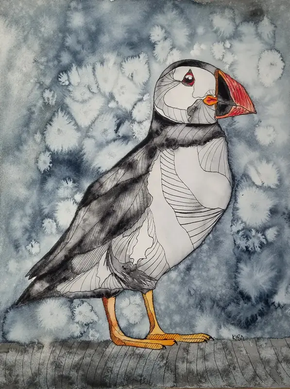 Akvarell Linjig Lunnefågel av Kiba Gustafsson