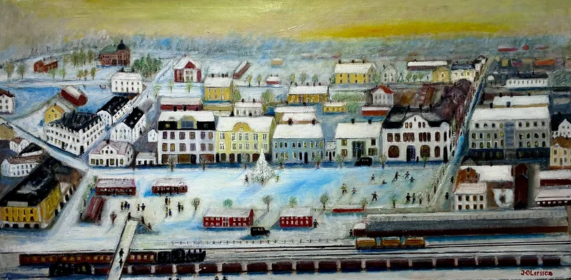 Oljemålning Torget början 1900-tal av Jan-Olof Larsson