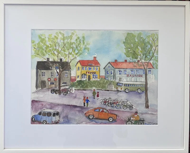 Akvarell Torget med Raggarbacken av Jan-Olof Larsson