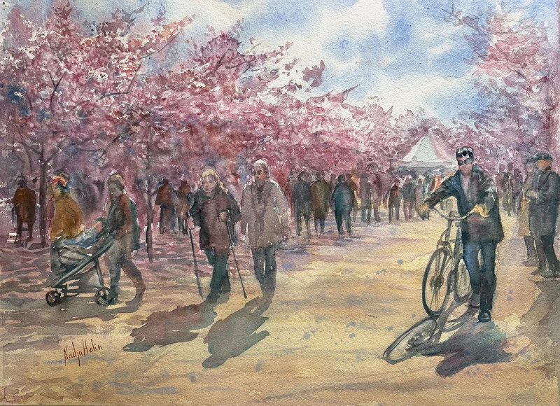 Akvarell Blommande Kungsträdgården av Nadja Helin