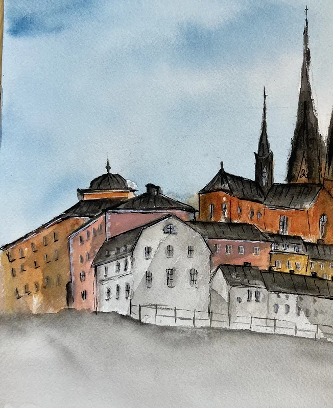 Akvarell GAMLA TORGET III av Rose-Marie Lyckebrant-Lindqvist