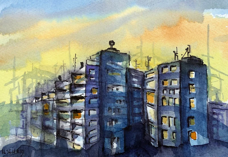 Akvarell Staden av Ilse Hviid