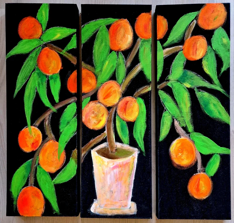 Akrylmålning Persikorna (triptyk) av Birgitta Jonsson Bijon Art