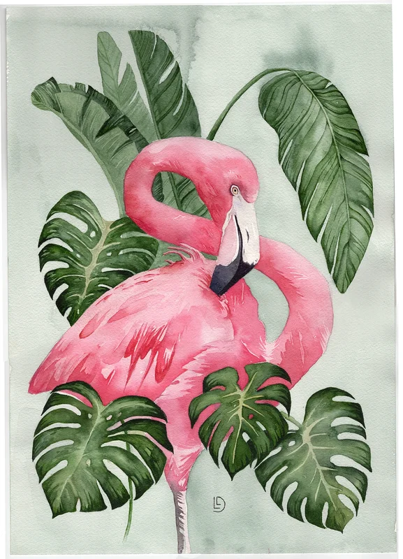Akvarell Pink goes good with green / Flamingon och grönskan av Linn Lama Davidsson