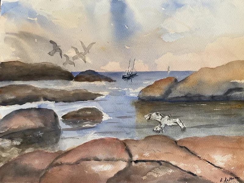 Akvarell En fyr i fjärran av Margareta Mattsson