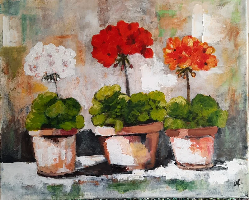 Akrylmålning Pelargoner av Vanja Antonsson