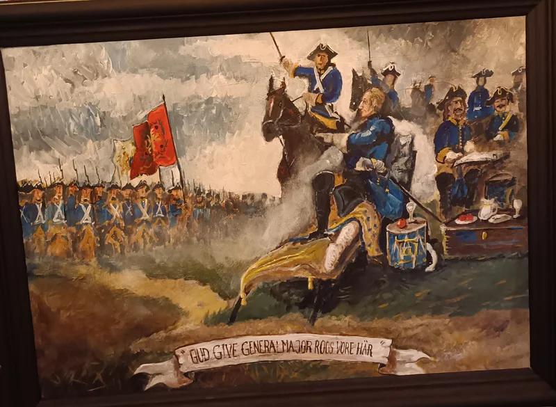 Akrylmålning Gud give generalmajor Roos vore här. av Karolinermålaren Malmgren