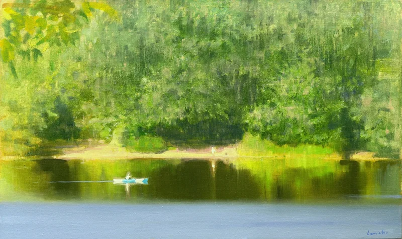 Oljemålning White and Blue Canoe av Alexander Levich
