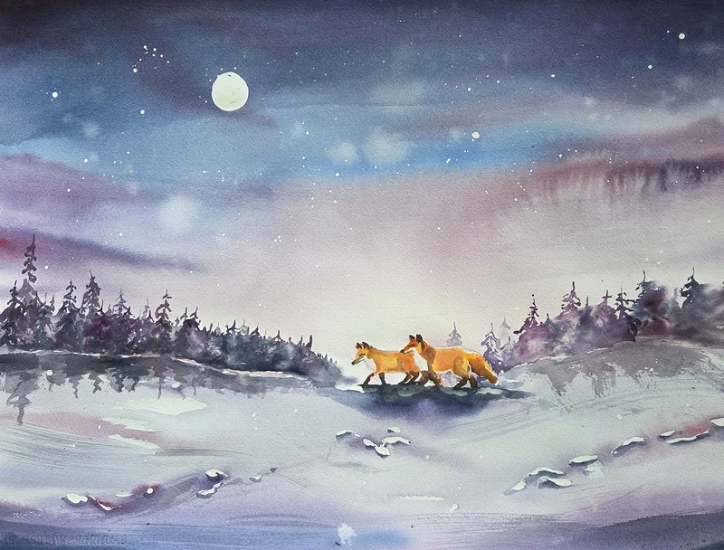 Akvarell Fox on the run av Mia Älegård