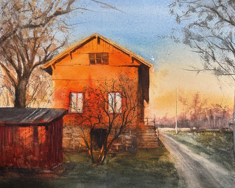 Akvarell Decemberskymning på Tjurkö av Ola Gustafsson