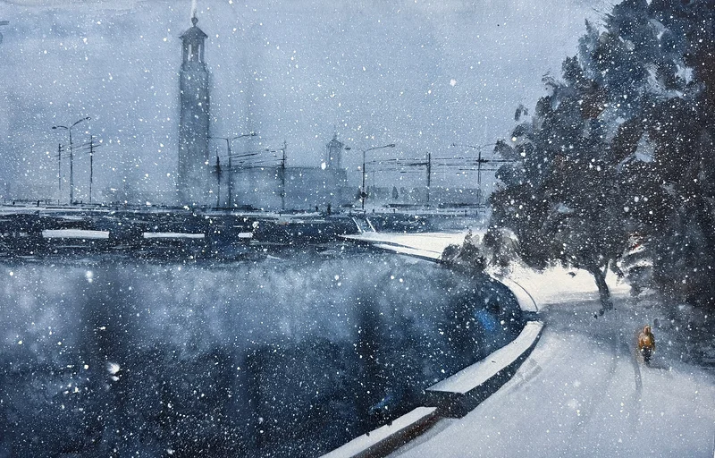 Akvarell Vinter i Stockholm av Ola Gustafsson