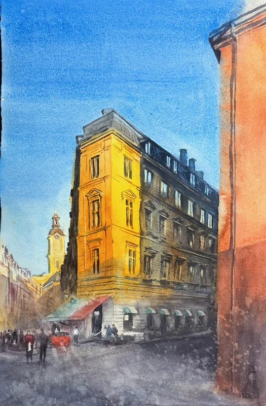Akvarell Skymning i Gamla stan av Ola Gustafsson