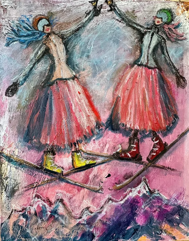 Akrylmålning Mes amies à ski av Art By Nina Johansson