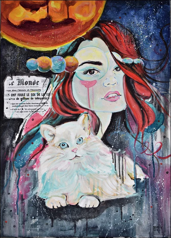 Oljemålning The Astronaut cat av Judith Miró Rodriguez