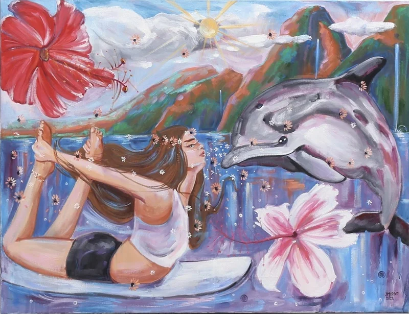 Oljemålning Surfing Hawaii av Judith Miró Rodriguez