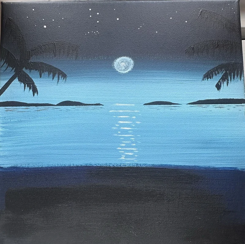 Akrylmålning Sommarnatt vid havet av Kia Berg
