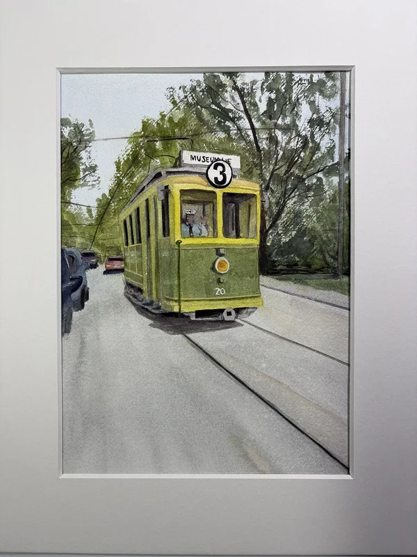 Akvarell Museispårvagnen i Kung Slottsparken av Maya Arvidsson
