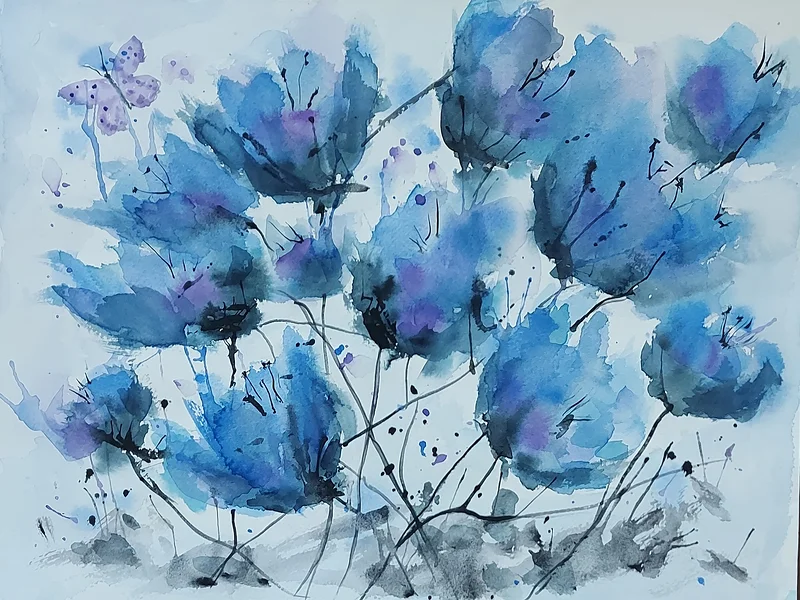 Akvarell Blue Flower av Monica Kindh