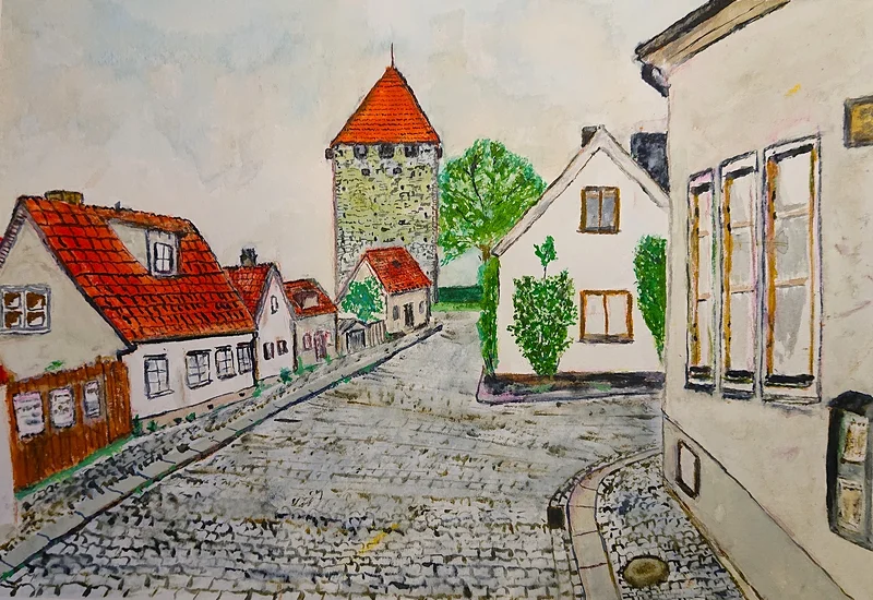 Akvarell Strandgatan i Visby av Ulf Berggren