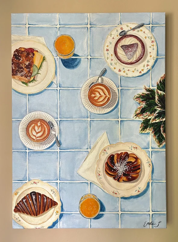 Akrylmålning Fika av Emelia Skoglund