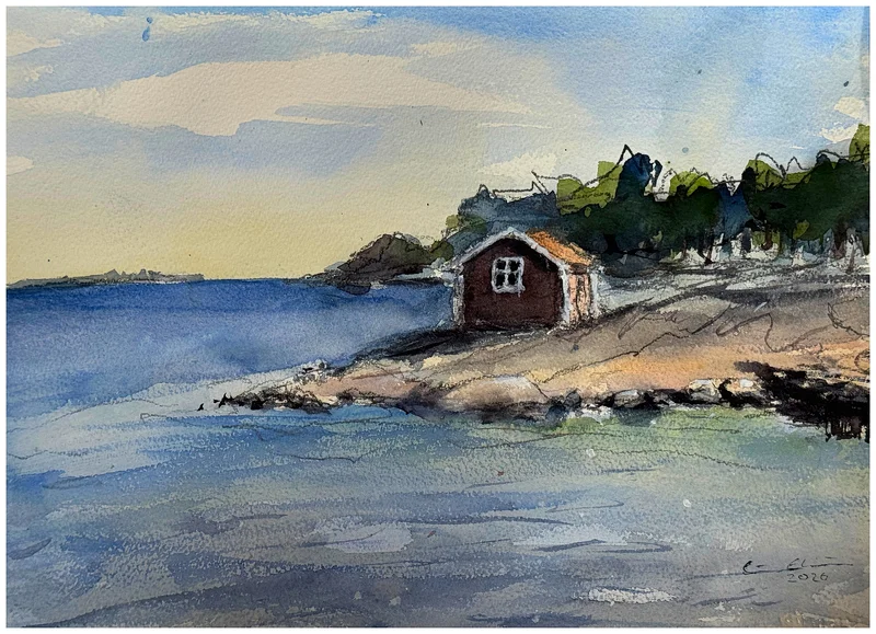 Akvarell Sjöboden av Göran Ekström