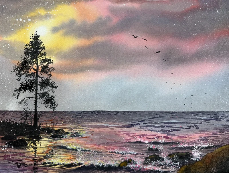 Akvarell Under den sista glöden av Anette Öberg