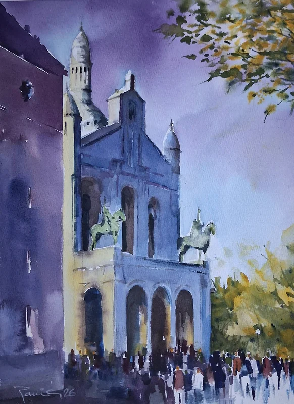 Akvarell Monmartre Sacré-Cœur i  kvällsljus av Jugoslav Pavic