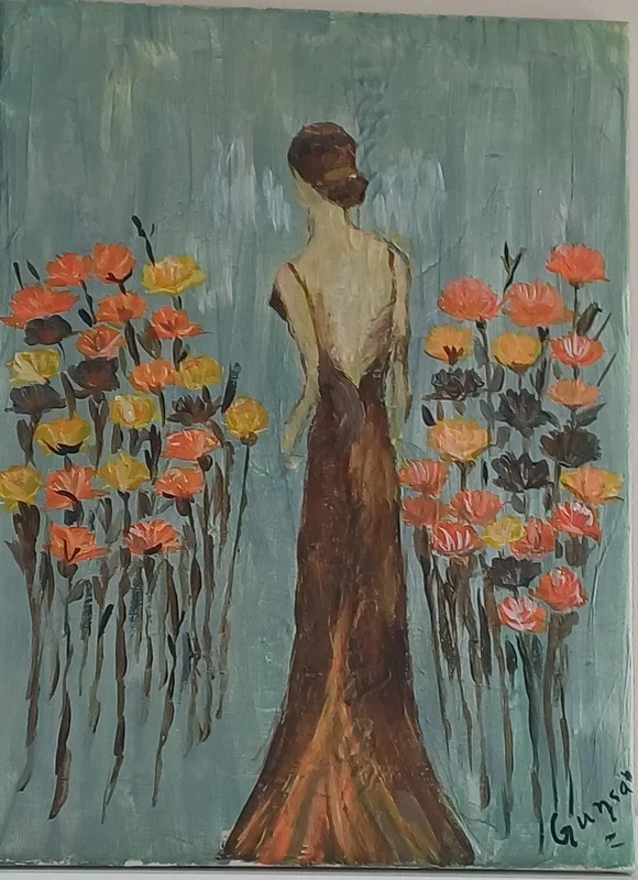 Akrylmålning Dam bland blommor av Gunn Karvonen