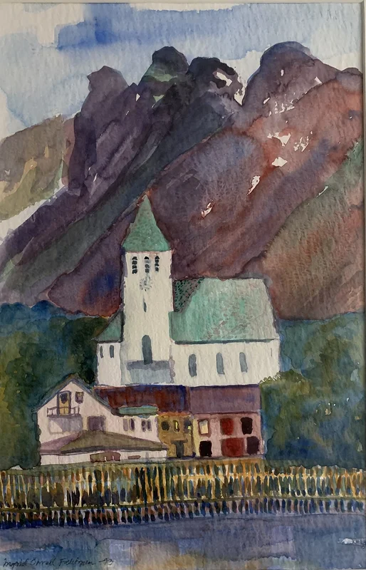 Akvarell Svolvær kyrka av Ingrid Stenbeck