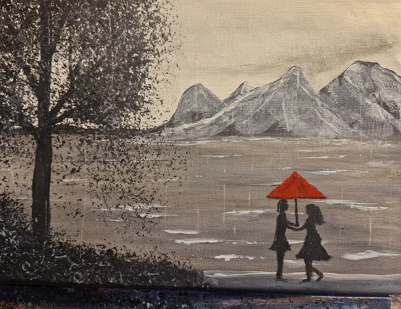 Akrylmålning Red umrella på stranden av Viktoria Kassfeldt