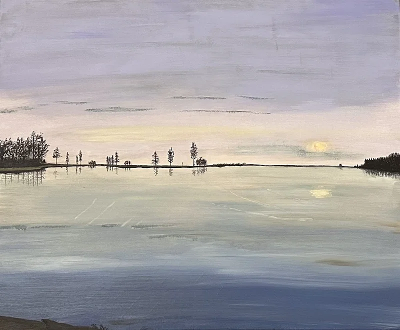 Akrylmålning Kväll vid Månsarudssjön, hål 10 av Kia Berg