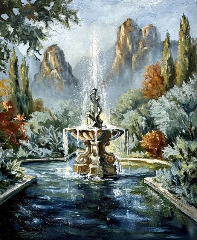 Oljemålning Hidden Fountain av Marit Stjernberg