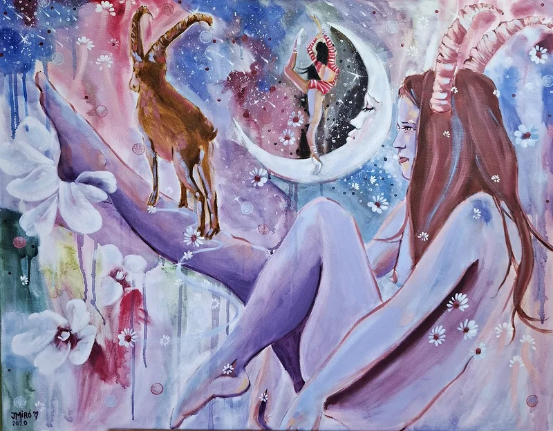 Oljemålning Capricorn ( climbing to the top) av Judith Miró Rodriguez