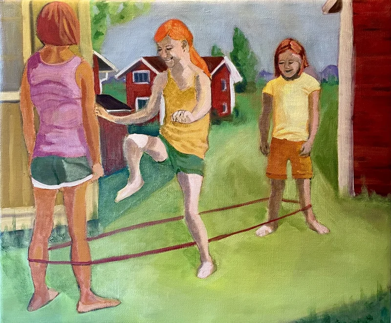 Oljemålning Girls jumping elastics. av Camilla Wolgers
