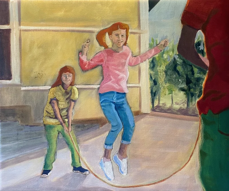Oljemålning Girls jumping longrope. av Camilla Wolgers