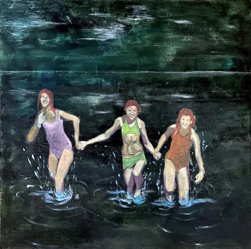 Oljemålning Girls bathing in moonligth. av Camilla Wolgers