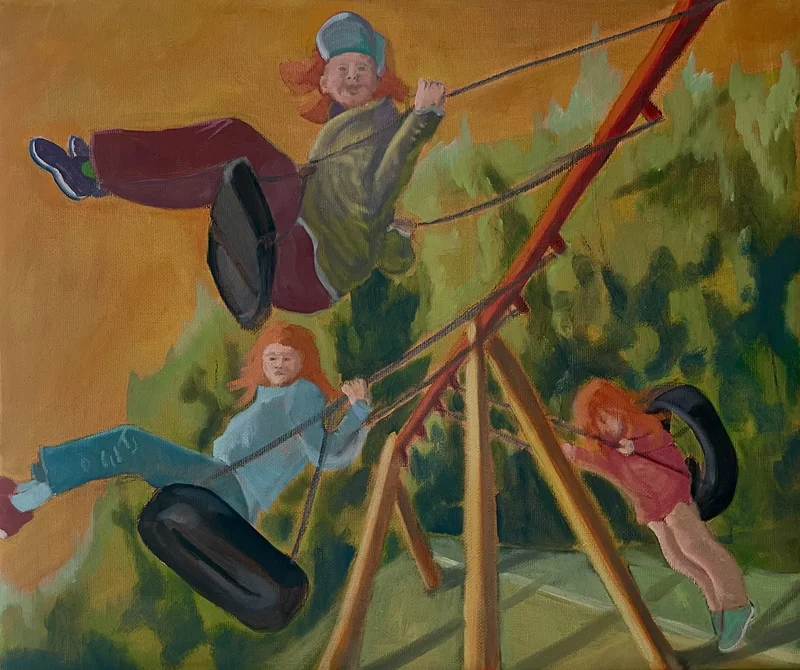Oljemålning Girls swinging. av Camilla Wolgers