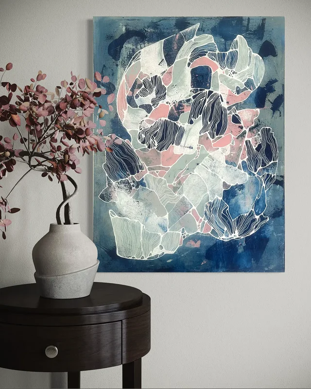 Akrylmålning Whispering Waves (interiörbild) av Annie Wikner