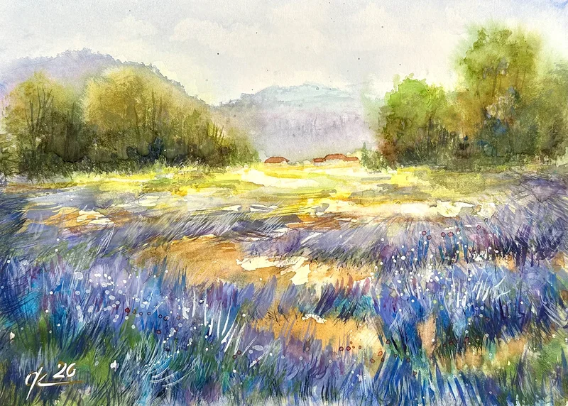 Akvarell Fält i Provence av Olga Kharyakova